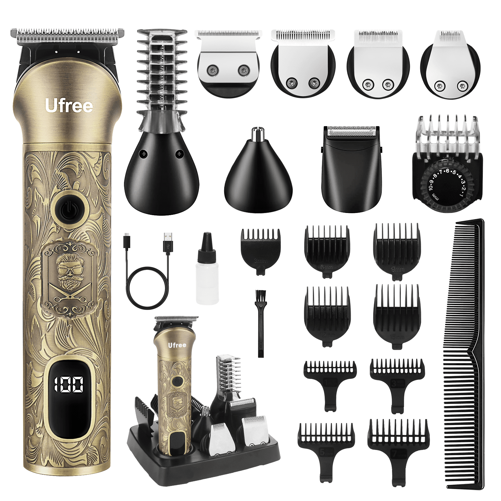 Ufree Beard Trimmer for Men, Electric Razor Shaver, Cordless Hair Clipper Shaving Kit for Mustache Body Nose Ear Hair Facial, Adjustable Beard Grooming Kit Birthday Gifts for Men
