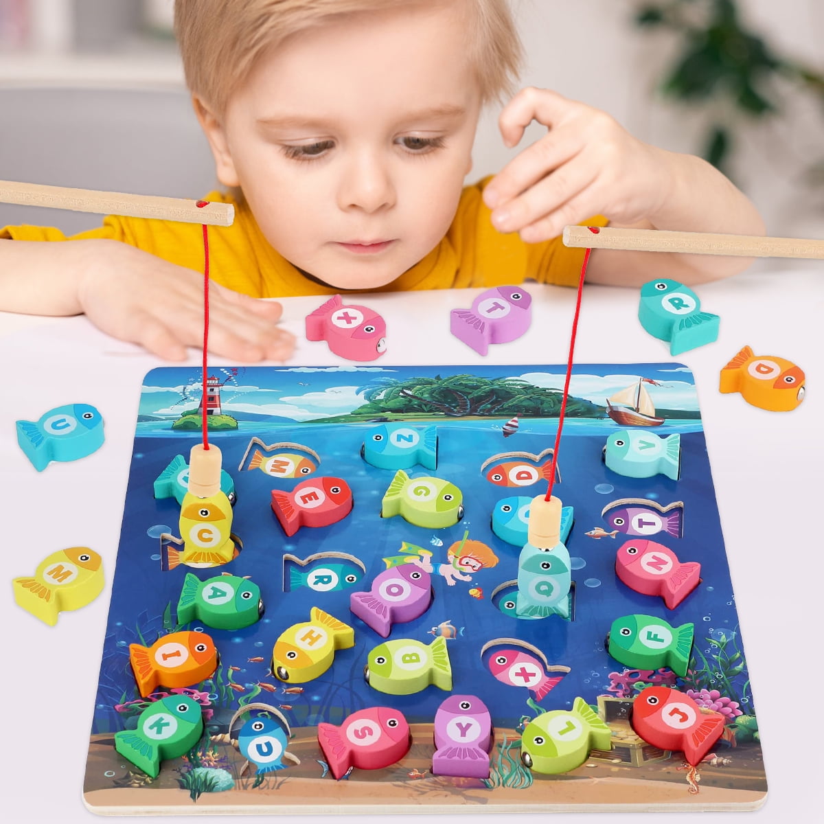 Dcenta Wooden Magnetic Fishing Game Montessori Number & Letter Cognition  Fine Motor Training Preschool Education for Boys & Girls Age 3+