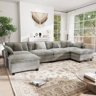 BedLuxury 146.5'' U shape Modular Sectional Sofa with Movable Ottomans, Modern Chenille Deep Seat Couches for Living Room, Apartment, Office, 4-Seat,