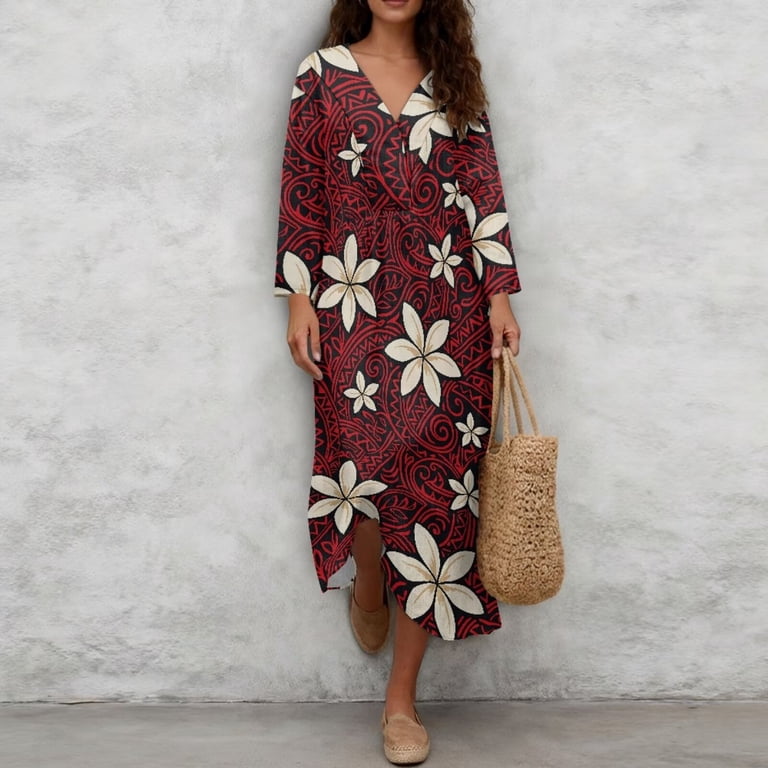 Renewold Red Tropical Floral Print Kaftan Dresses for Women Polynesian Casual Dress Long Sleeve V Neck Maxi Dress Loose Swing Oversized Vacation
