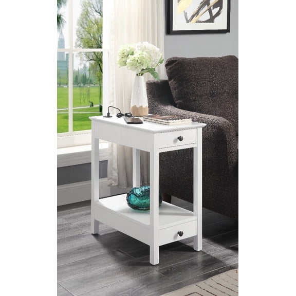 Byzad Side Table in White Finish with USB & Storage