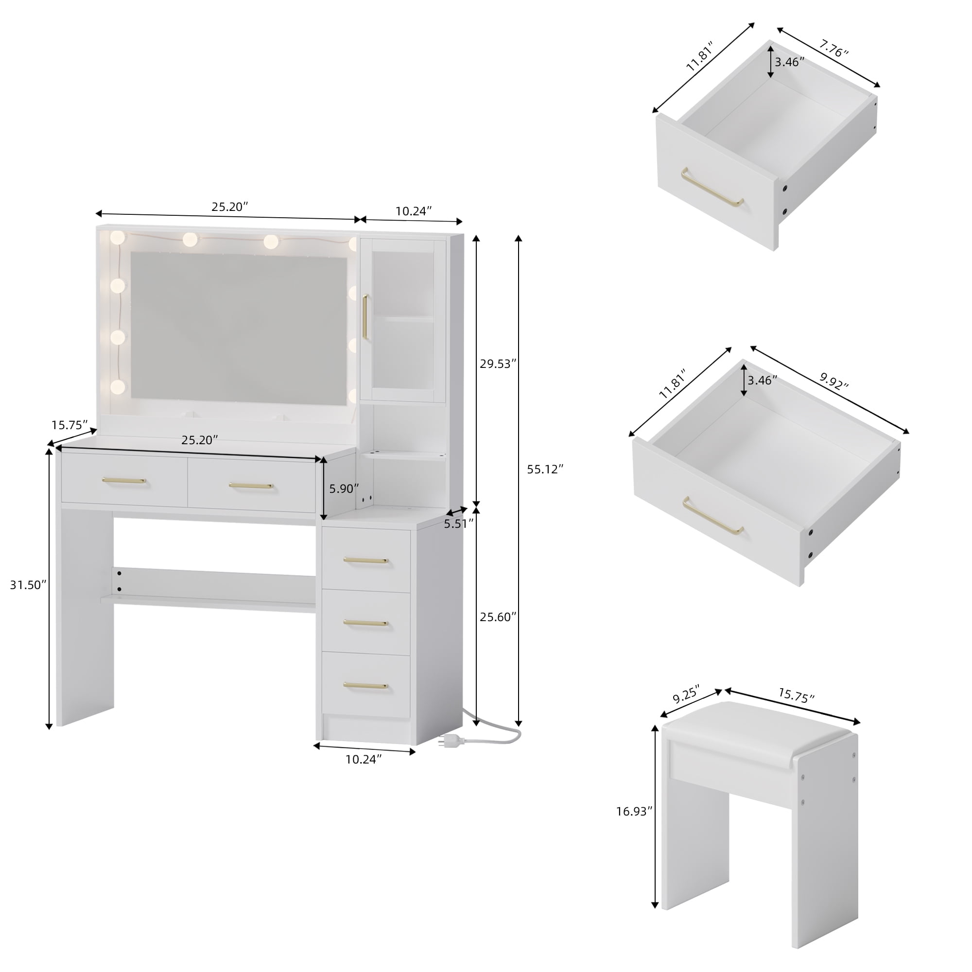 UGTOO 35.4" White Makeup Vanity Desk with LED Mirror, Solid Wood Frame, 5-Drawer Dressing Table, Gold Handles