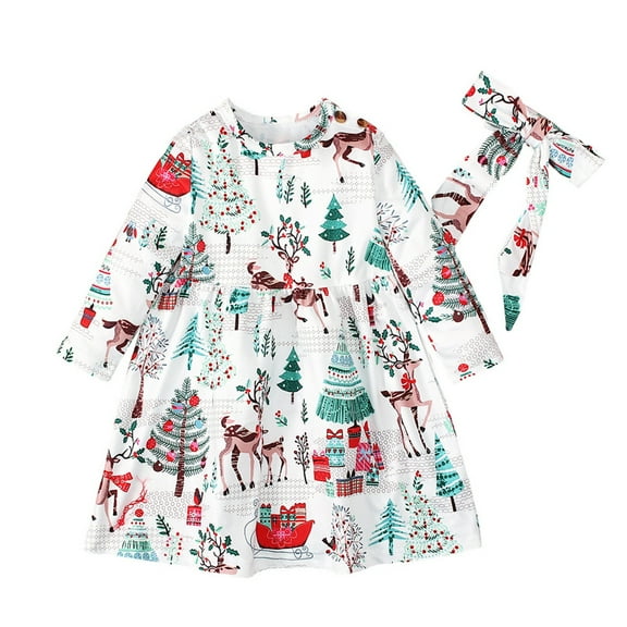 Mercatoo Christmas Toddler Baby Girl Outfit Long Sleeve Christmas Tree Print Dress Headband Set Kids Girls Fall Winter Clothes