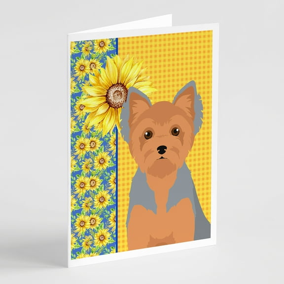 Summer Sunflowers Blue and Tan Puppy Cut Yorkshire Terrier Greeting Cards and Envelopes Pack of 8 7 in x 5 in