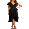 thumbnail image 3 of Femmes Boho Manches Courtes V Robe de Cou Casual Ruffle Wrap Swing Plage Sundress Été Mousseline de Soie Parti Midi Robe avec Ceinture, 3 of 5