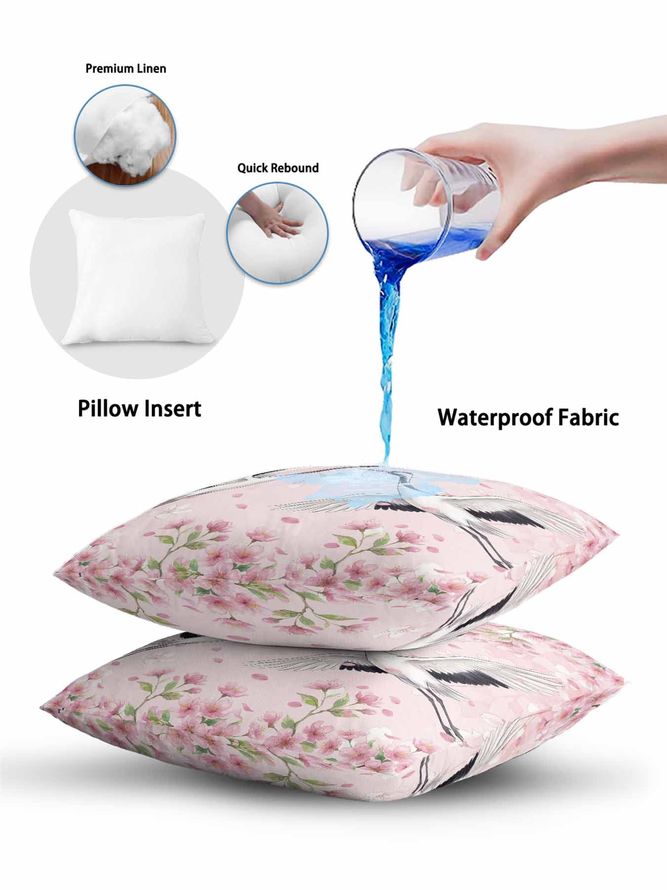 1 Pack Outdoor Pillows Waterproof, Cherry Blossom Crane Indoor/Outdoor Throw Pillows with Inserts, Pink Spring Modern Farmhouse Floral Decorative Pillow for Patio Furniture Chairs Couch