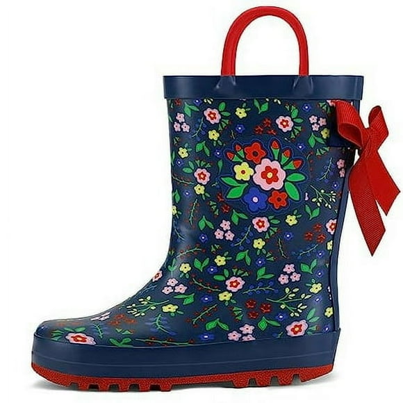 K KomForme Kids Rain Boots Waterproof Printed Rubber boots with Handles, Size 8 Toddler, Beautiful Garden