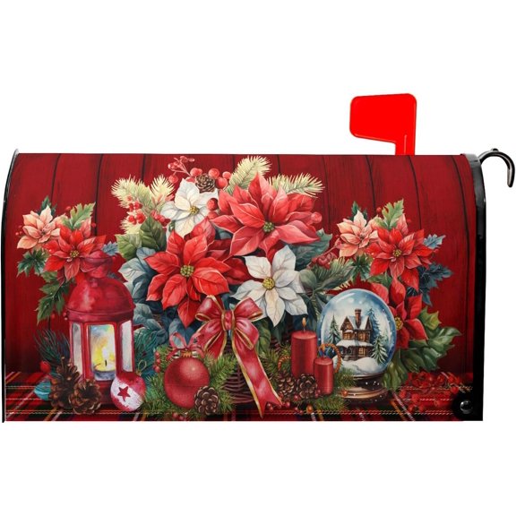 Merry Christmas Magnetic Winter Flowers Mailbox Cover - Standard Size 18 X 21 - Holiday Decorative for Home & Garden