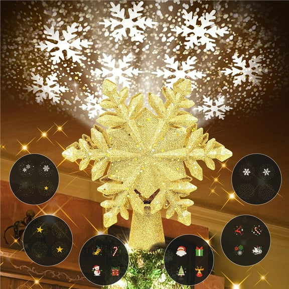 Christmas Tree Topper with Rotating LED Projector – 6 Pattern Modes, 3D Snowflake Design for Holiday Decor, Glod