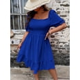 thumbnail image 5 of Royal Blue Square Neck Puff Sleeve Ruffle Hem A-Line Dress For Women, Summer Casual, 5 of 5