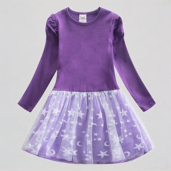 REDARER Toddler Girls' Long Puff Sleeve Tutu Dress, Star & Moon Print Mesh Skirt, Casual Party Princess Dress for Kids,6-7 Years