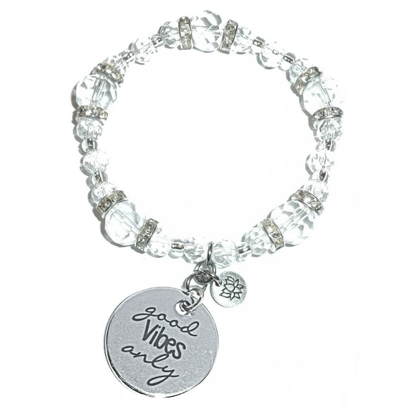 Hidden Hollow Beads Crystal Stretch Charm Bracelet, Women’s Message Dangle, Comes Packaged In A Beautiful Gift Bag (Good Vibes Only)