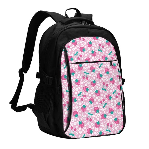 Fotbe Cherry Strawberry Mochila con Estampado y Puerto USB para Hombre y Mujer, Mochila Antirrobo, Mochila de Viaje, Mochila Escolar, Mochila Universitaria