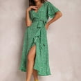 thumbnail image 4 of Summer Dress Saving! Women's Casual Plus Size Bohemian V-neck Loose Short Sleeve Print Mid-Claf Length Dress Green XL, 4 of 5