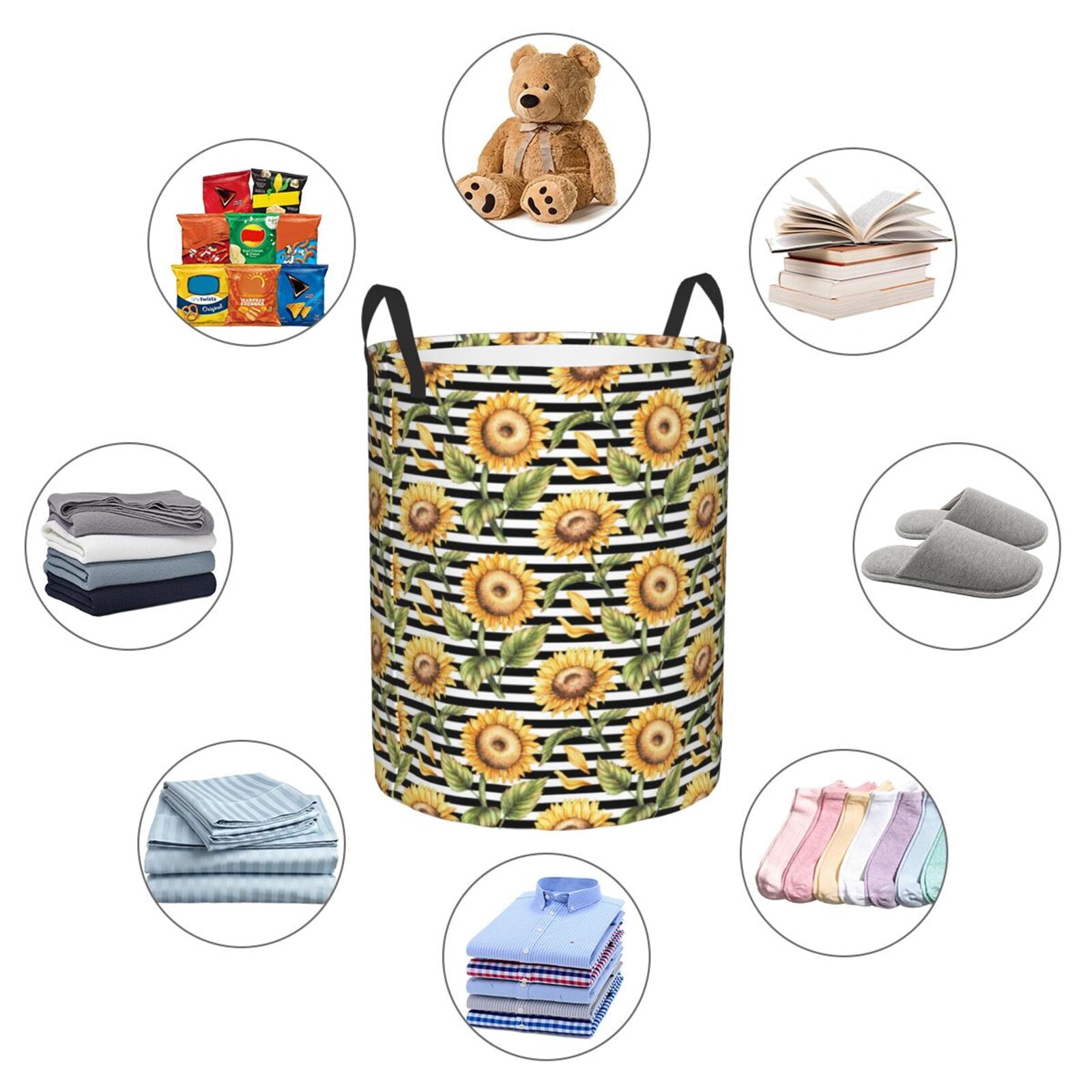Large Laundry Basket with Handles - sunflowers striped black white Retro Kids Baby Dirty Clothes Laundry Hamper for Bedroom Aesthetic