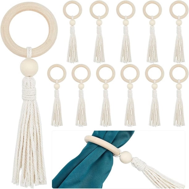 12 servilleteros de madera con cuentas y borla de algodón, 16,5 cm (6,5"). Ideales para bodas, mesas de comedor y decoración de pared.