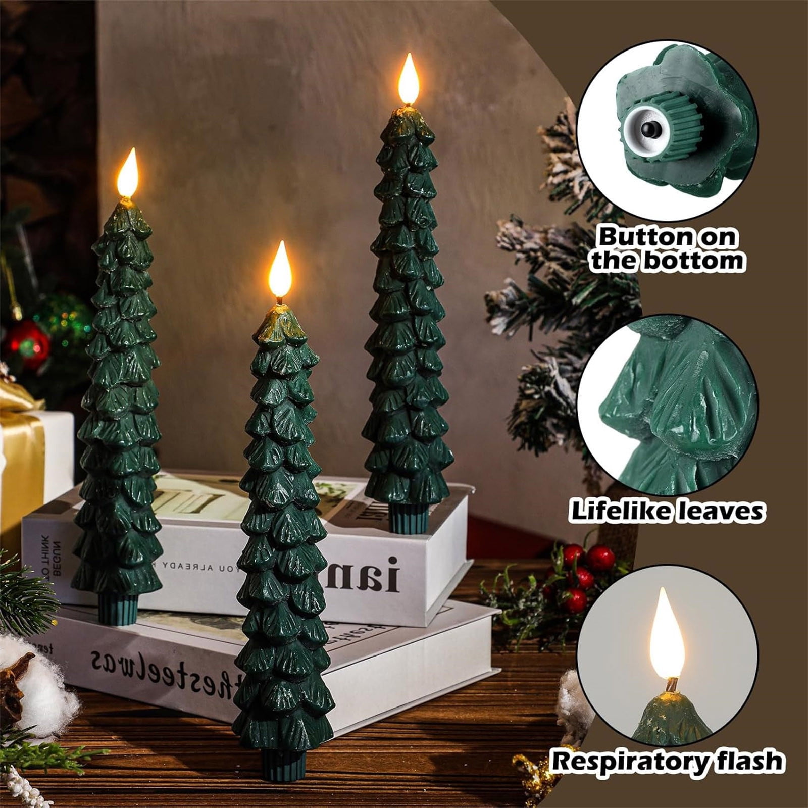 Christmas Tree Candles, 9.7 Inch Real Wax flameless Taper Candles, LED Candles Battery Operated with 3D Flame, Green Candlesticks Christmas Decor
