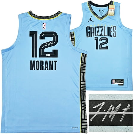 Memphis Grizzlies Ja Morant Autographed Light Blue Jordan Statement Edition Swingman Jersey Size 48 Beckett BAS QR 218578