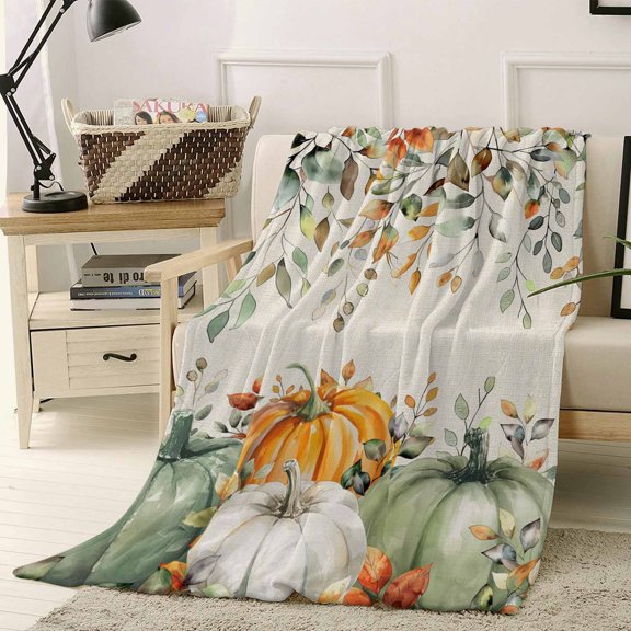 Fall Thanksgiving Throw Flannel Blanket 40x50In Green White Pumpkin Leaves Linen Texture Super Soft Cozy Bed Blanket, Lightweight Plush Fuzzy Bed Throw for Bedroom Sofa Couch Living Room