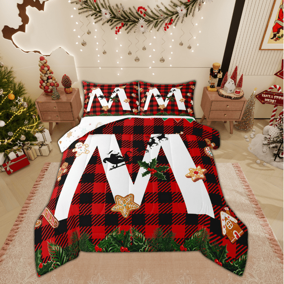 Manfei Initial M Letter Bedding Comforter Set for Kids, Black Red Buffalo Twin Comforter Sets, Merry Christmas Reversible Bedding Set, Ultra Soft Home Decor, 2pcs