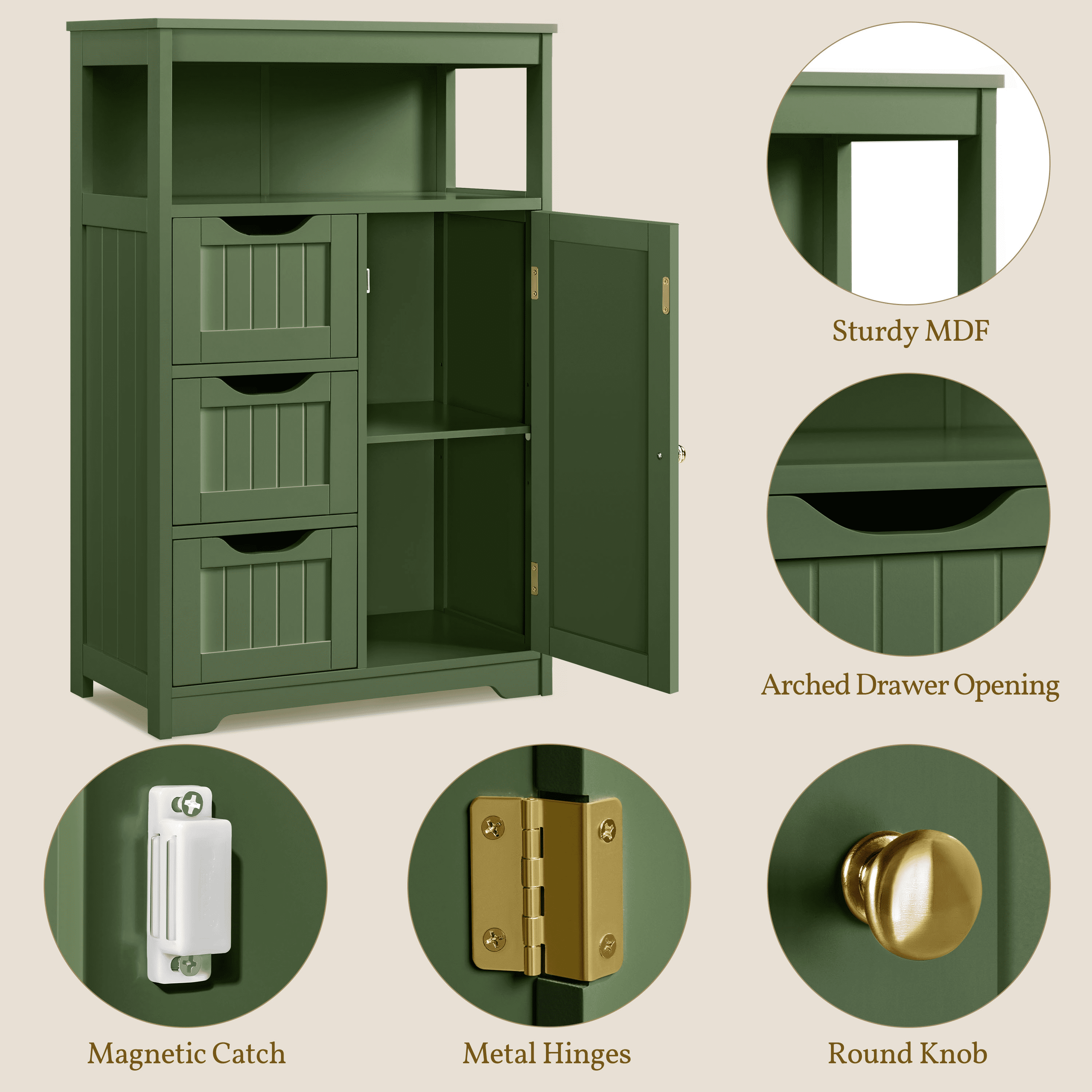 Alden Design 34″ Tall Bathroom Floor Cabinet with Adjustable Shelf and 3 Drawers, Green