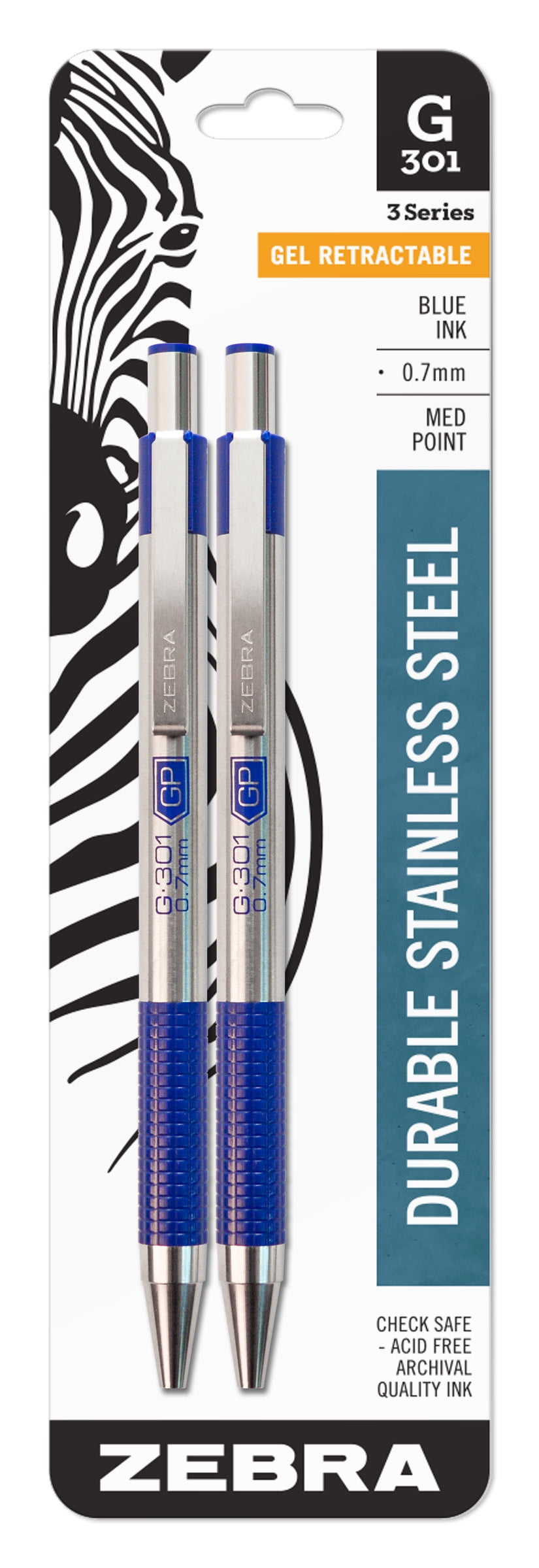 Zebra Pen G-301 gel retractable pen, 0.7mm, blue ink, 2-pack