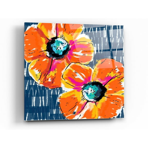 Epic Art 'Orange Poppies on Blue' by Linda Woods, Acrylic Glass Wall Art, 36"x36"