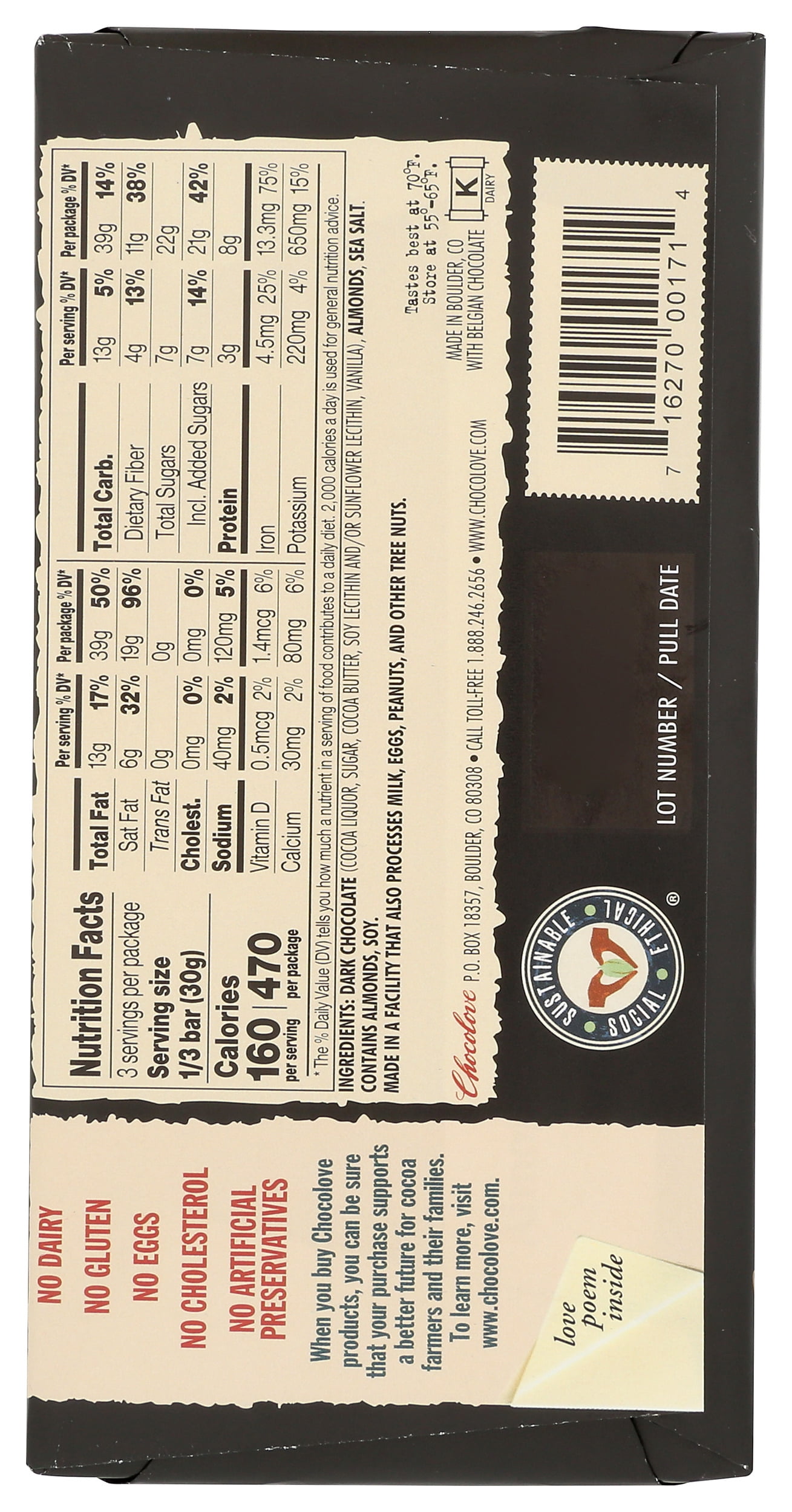 Pack of 12, Chocolove Almonds & Sea Salt in Strong Dark Chocolate, 3.2 oz