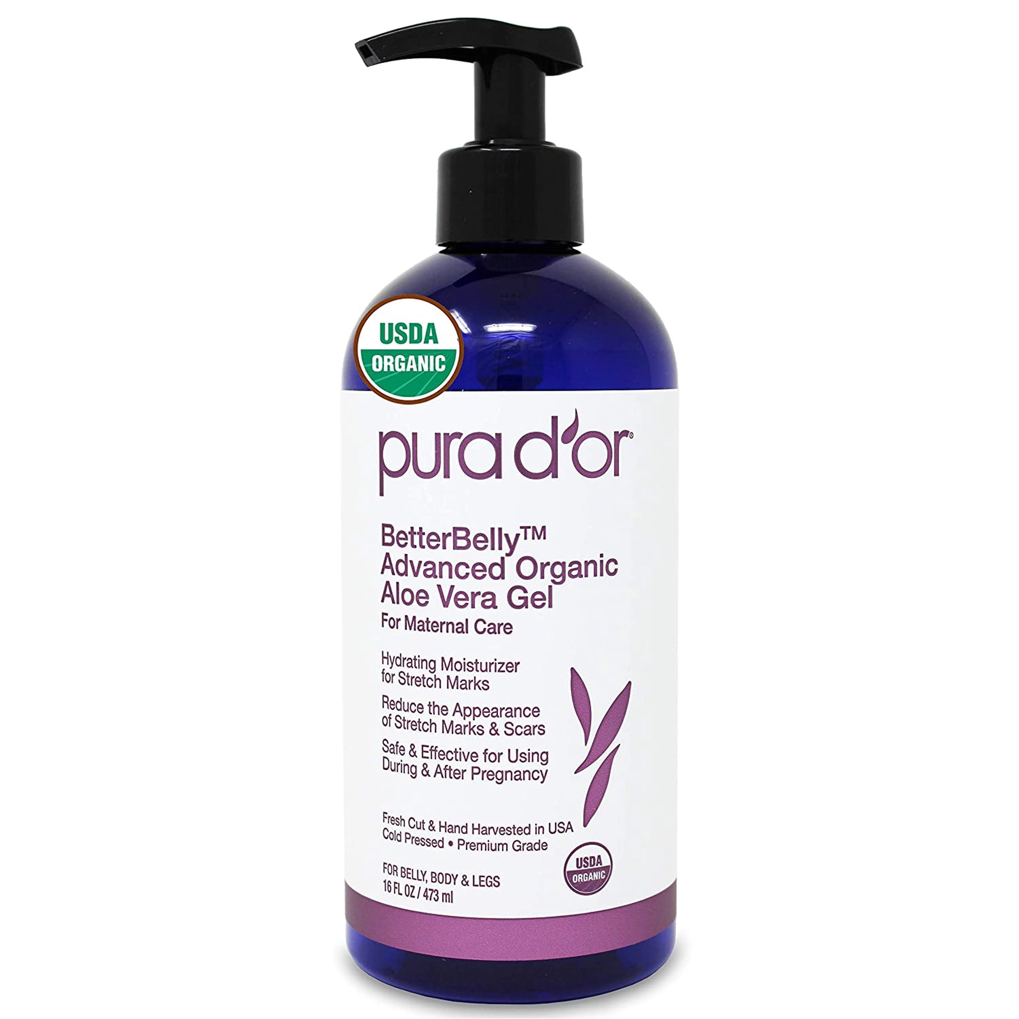 PURA D'OR BetterBelly Advanced Organic Aloe Vera Gel (16 fl oz / 473 mL) For Maternal Care - Hydrating Moisturizer, Reduces Appearance of Scars & Stretch Marks - For Belly, Body, and Legs