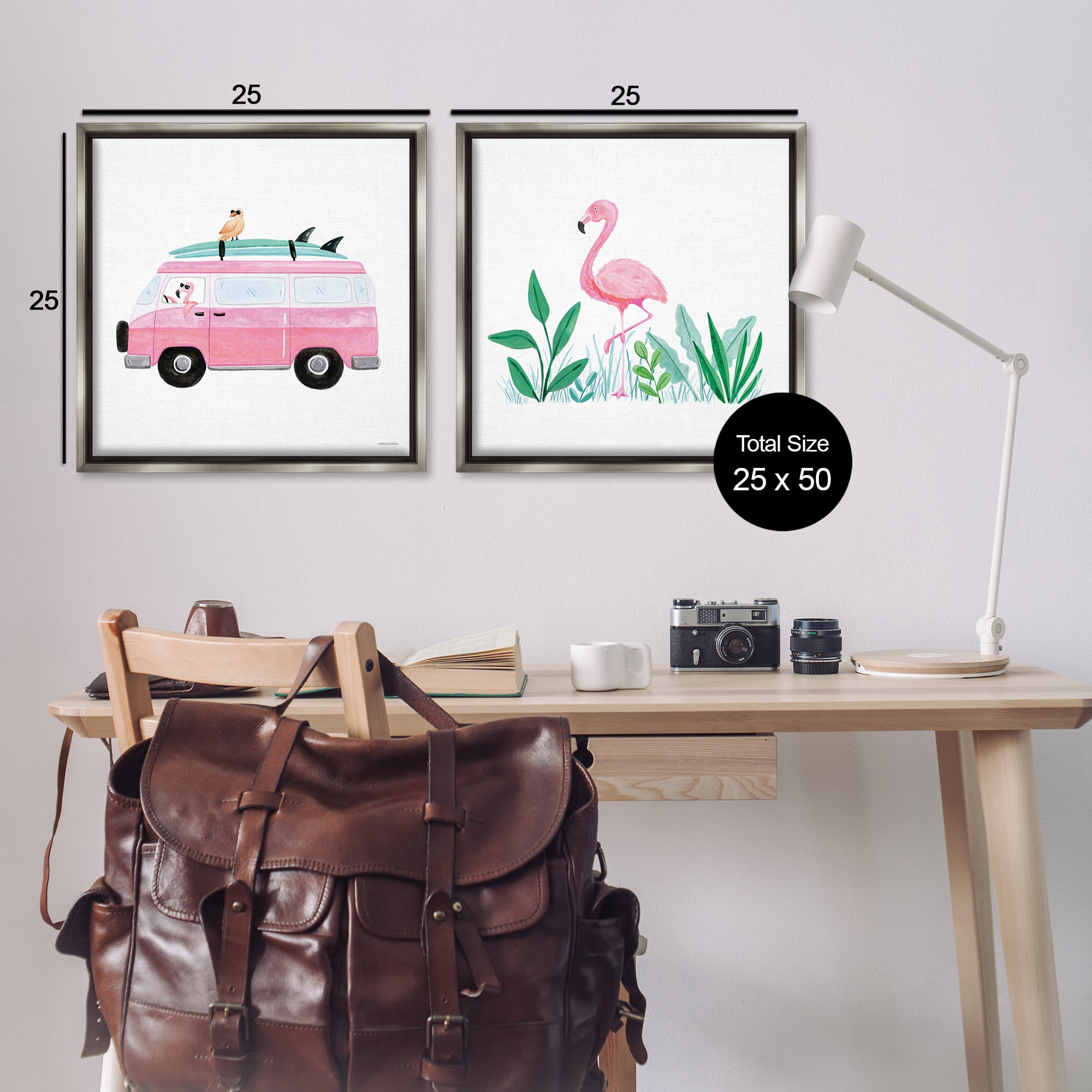 Stupell Industries Flamingos Tropical Vacation Transportation Painting Gray Floater Framed Canvas Art Print Wall Art, 25 x 25, Set of 2
