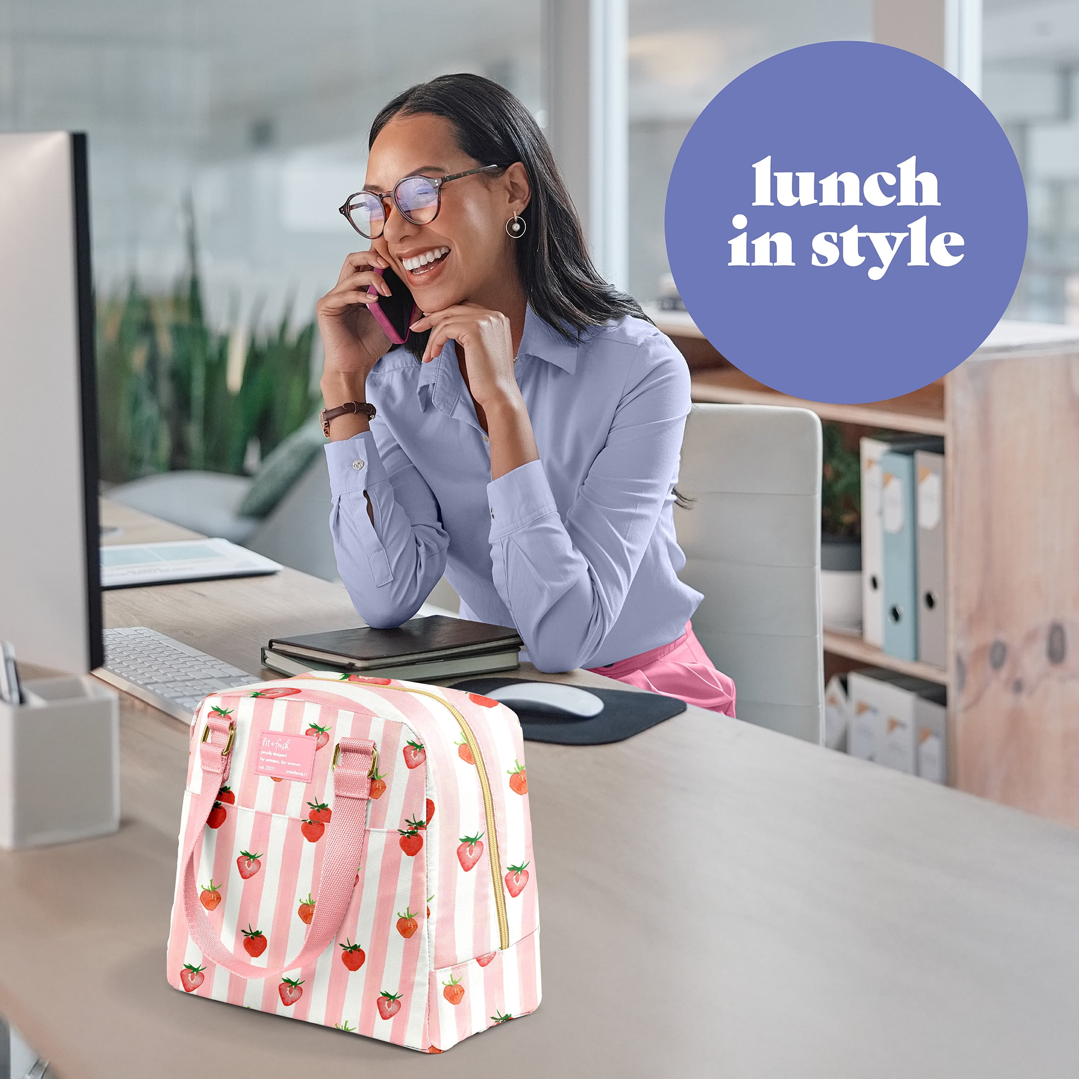 Fit & Fresh Minneola Lunch Bag for Women, Cute Pink Strawberry Stripe