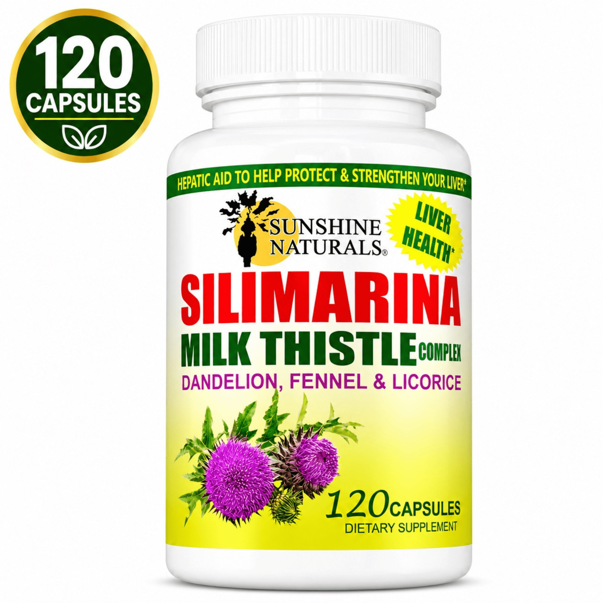 Sunshine Naturals Milk Thistle Complex, Liver Health Supplement with Milk Thistle, Silymarin, Dandelion, Fennel & Licorice, 120 Capsules