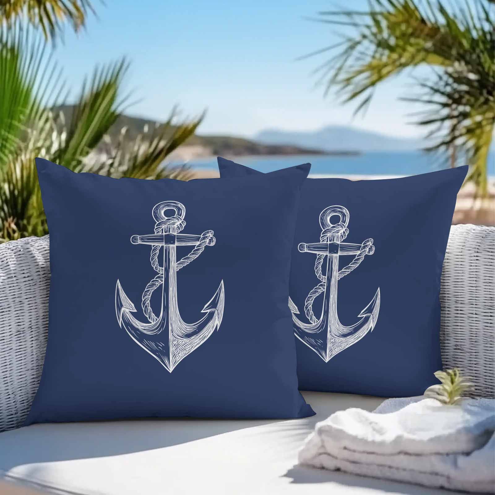 Throw Pillow Covers 16x16 Inch Set of 2, Nautical Anchor Waterproof Outdoor Pillow Covers, Navy Blue Coastal Marine Minimalist Rope Decorative Cushion Pillowcases for Couch, Sofa, Bed, Garden, Patio