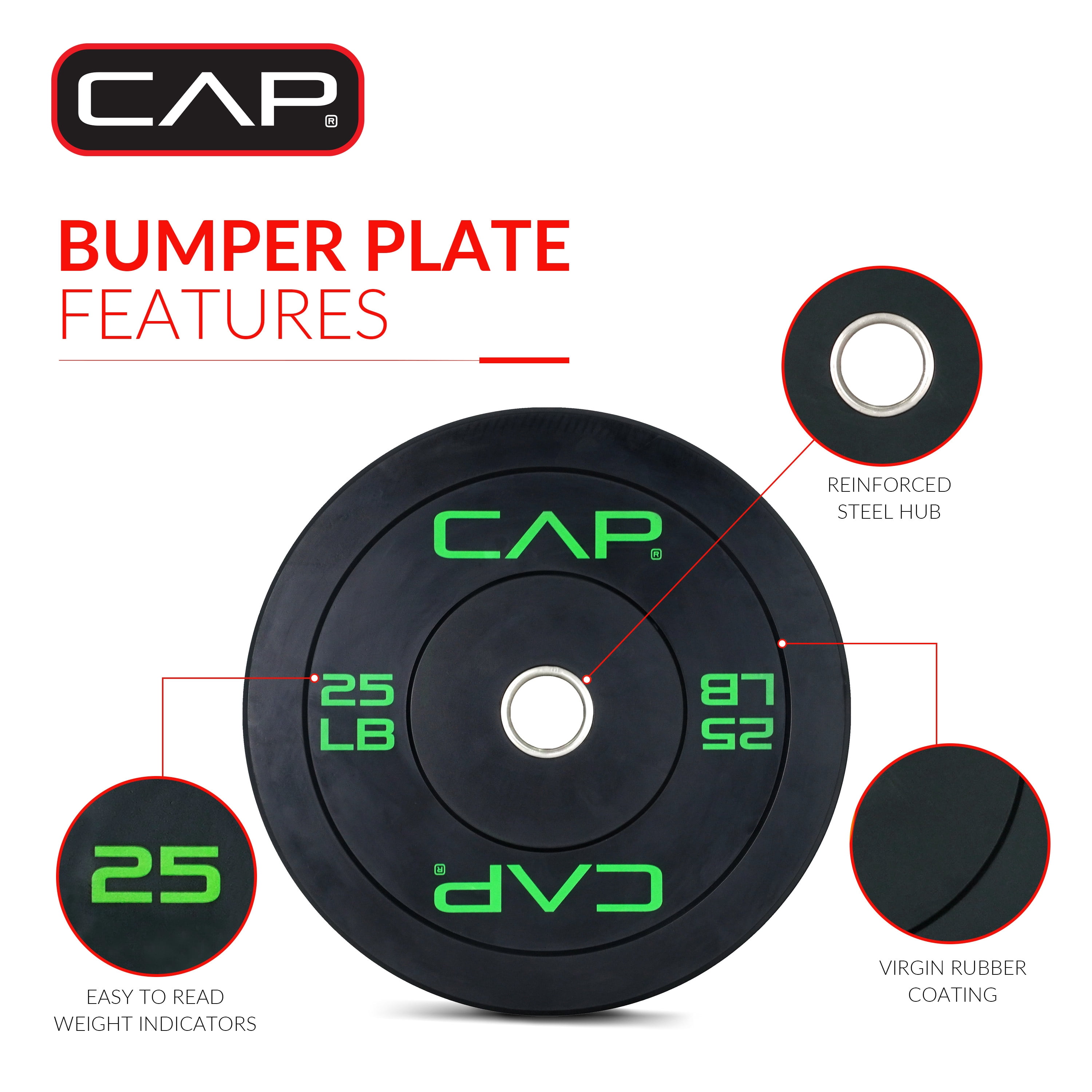 CAP 25 lb 2-Inch Olympic Bumper Weight Plates with Screened Logo, Single