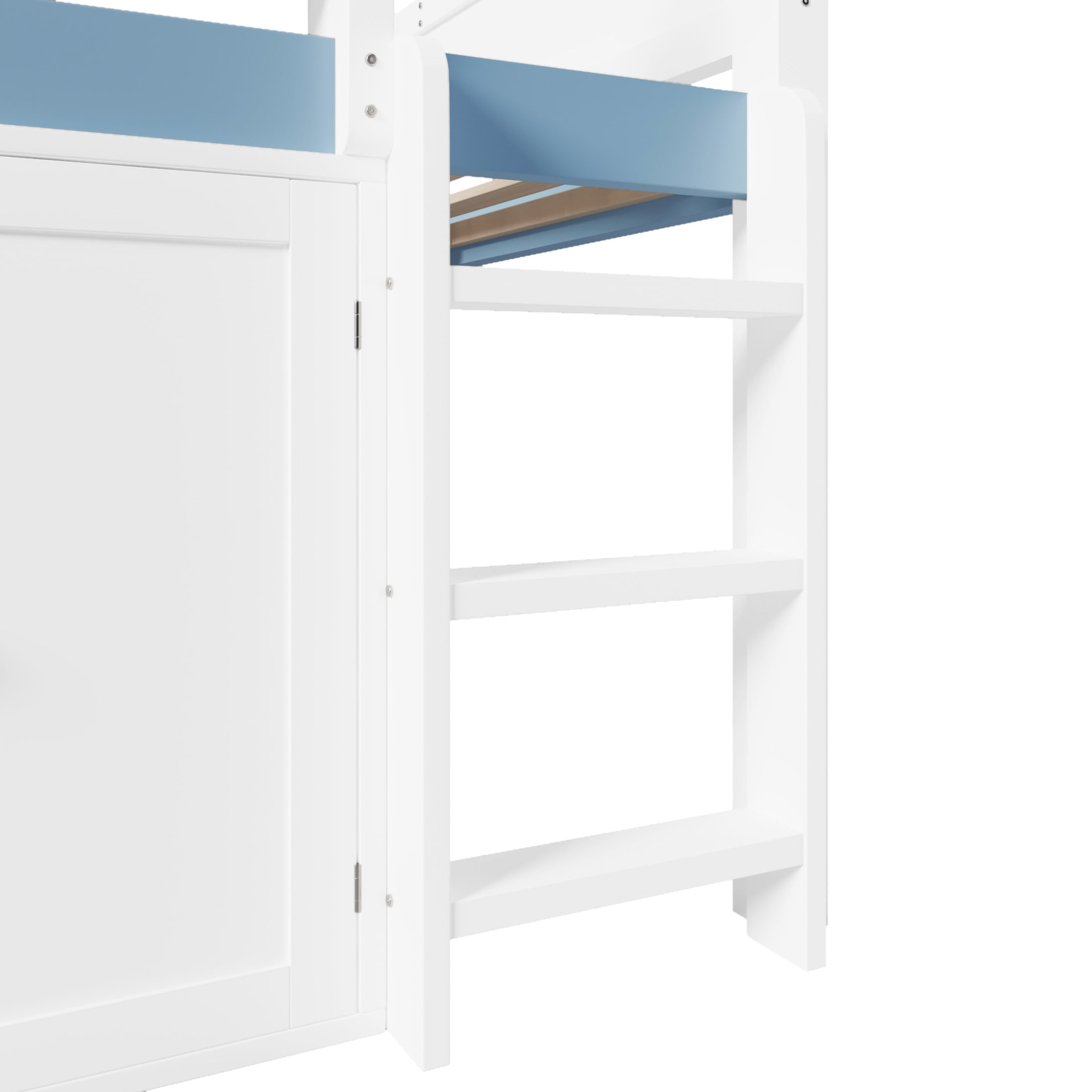 Noble House Devon Full Size Loft Bed, Playhouse Canopy Roof with Storage Cabinet and Shelves, White and Blue