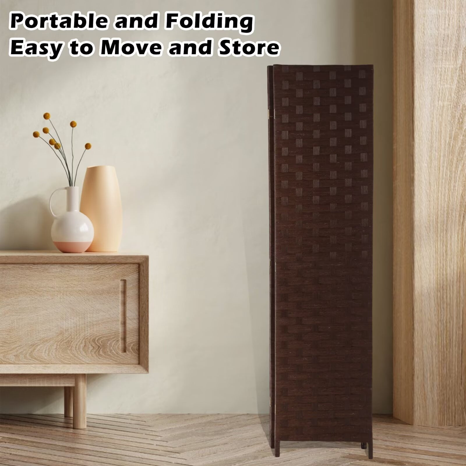 4 Panel Room Dividers Foldable Privacy Screen Decorative Indoor Screen 6TF Wooden Office Dividers Partition Wall for Home, Office, Bedroom, Brown