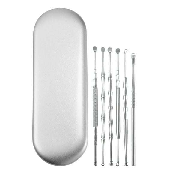 Unique Bargains Ensemble de 6 Pcs d'Outils de Nettoyage des Oreilles en Acier Inoxydable, Conception Antidérapante avec Étui de Rangement, Ton Argent