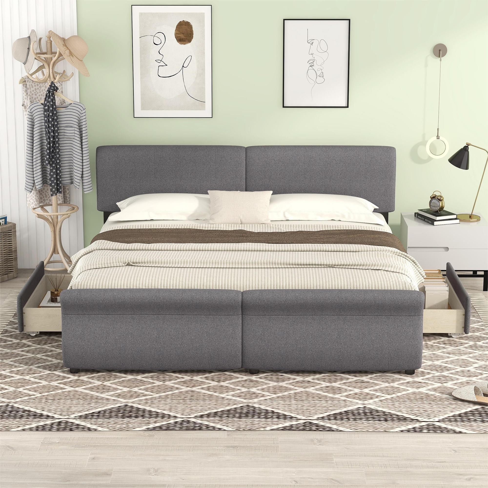 EUROCO Modern King Size Upholstery Platform Bed with Two Drawers for Kids Teen Adults, Upholstery Headboard, Gray - image 2 of 16