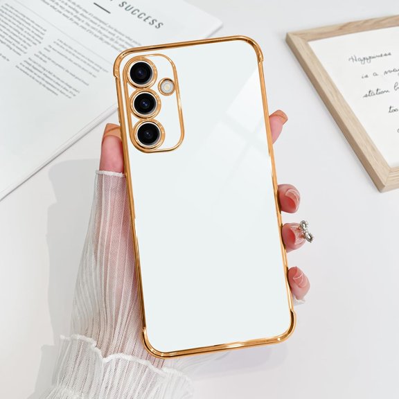 Compatible with Samsung Galaxy A55 5G Case Cute Luxury Plating Design for Women Girly, Soft TPU Shockproof Reinforced Corners Protective Phone Case for Galaxy A55 5G 6.6", White