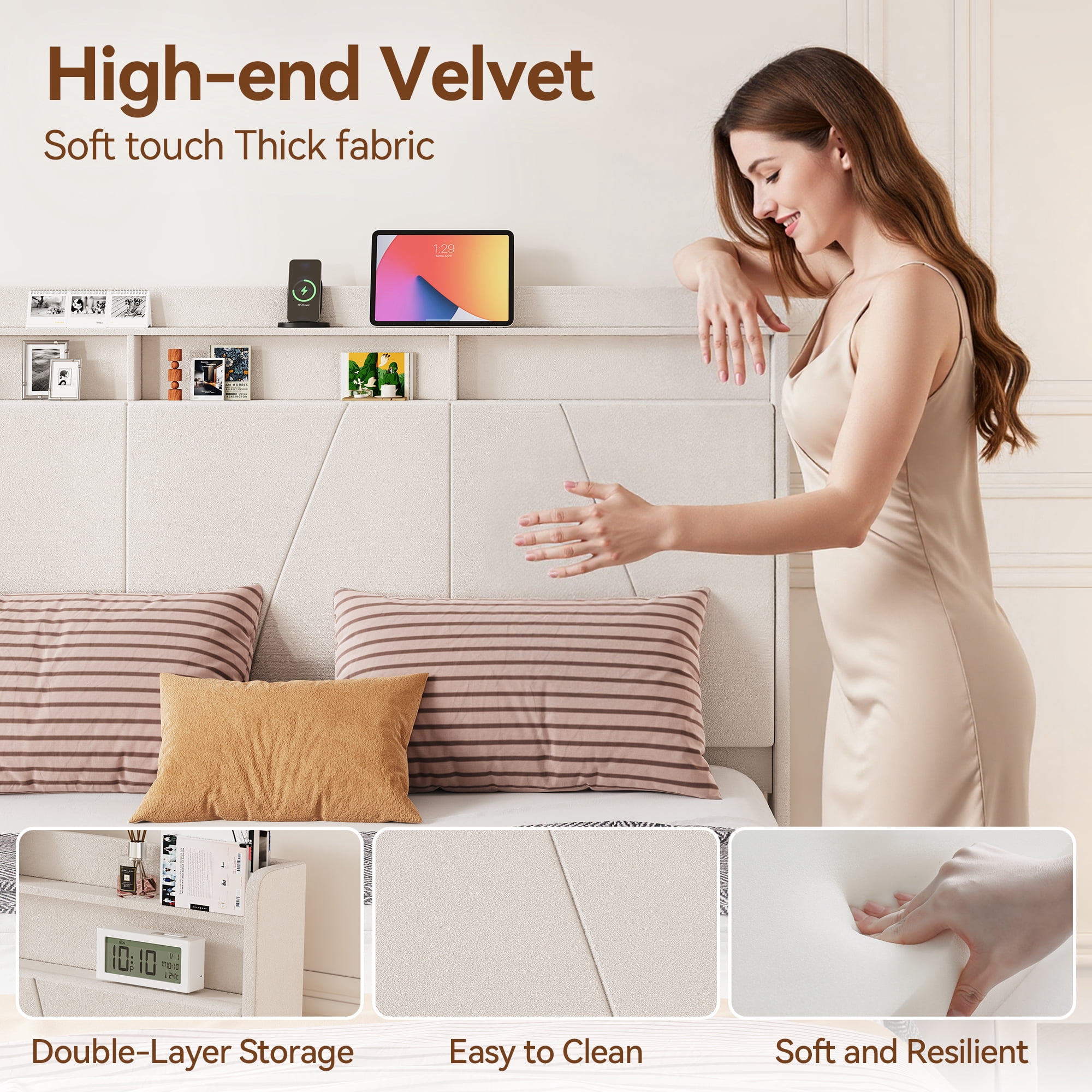 Sailvan Queen Size 52" Velvet Upholstered Bed Frame with Tall Headboard & Storage, Noise Free, No Box Spring Needed, Beige
