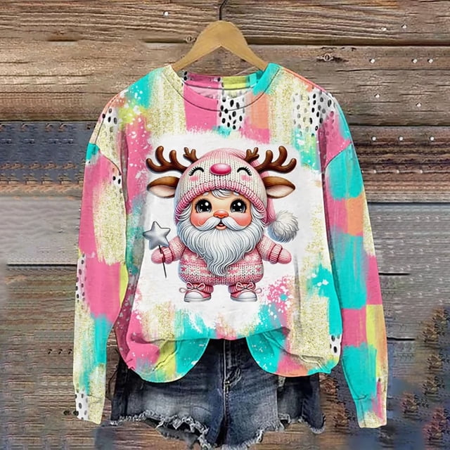 Christmas Day Color Blocked Women's Hoodie Cute Cartoon Autumn/Winter Long Sleeved Round Neck Clothing Fashion Sportswear 2024