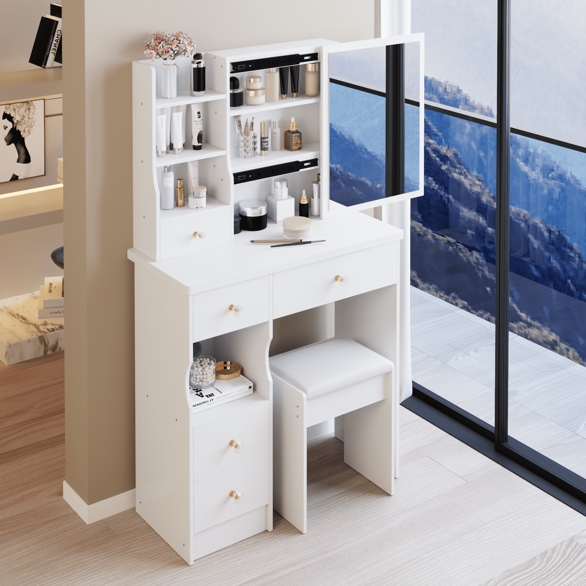29.2" Small Space Left Drawer Desktop Vanity Table + Cushioned Stool, Extra Large Right sliding mirror, Multi Layer High Capacity Storage, Practical Fashionable Dresser