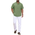 thumbnail image 2 of Men's Henley Shirt Solid Color Stand Collar Short Sleeve Linen Shirt 2XL Olive Green, 2 of 5