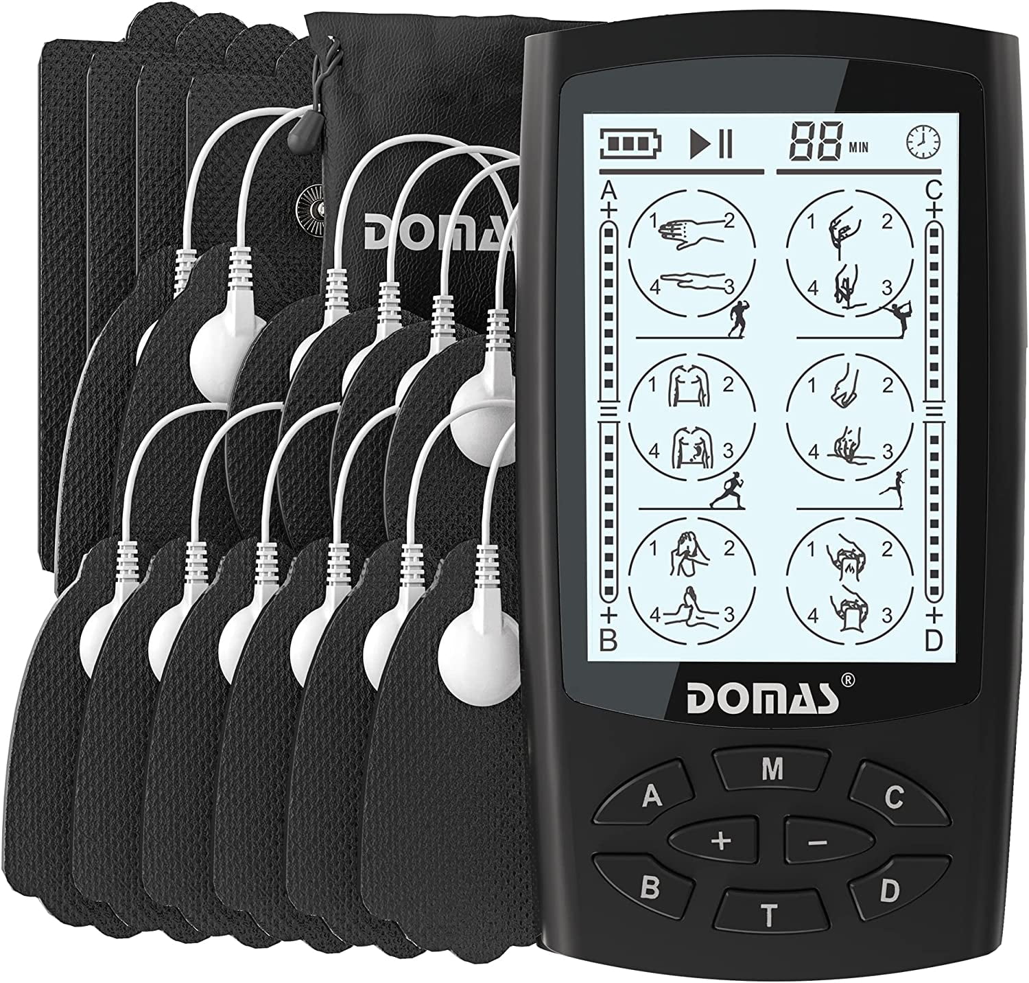 DOMAS TENS Unit Muscle Stimulator, 4 Channels Electronic Pulse Massager 24  Modes TENS Machine for Natural Pain Relief & Management, OTC Approved TENS  EMS Unit with 16 Pads 