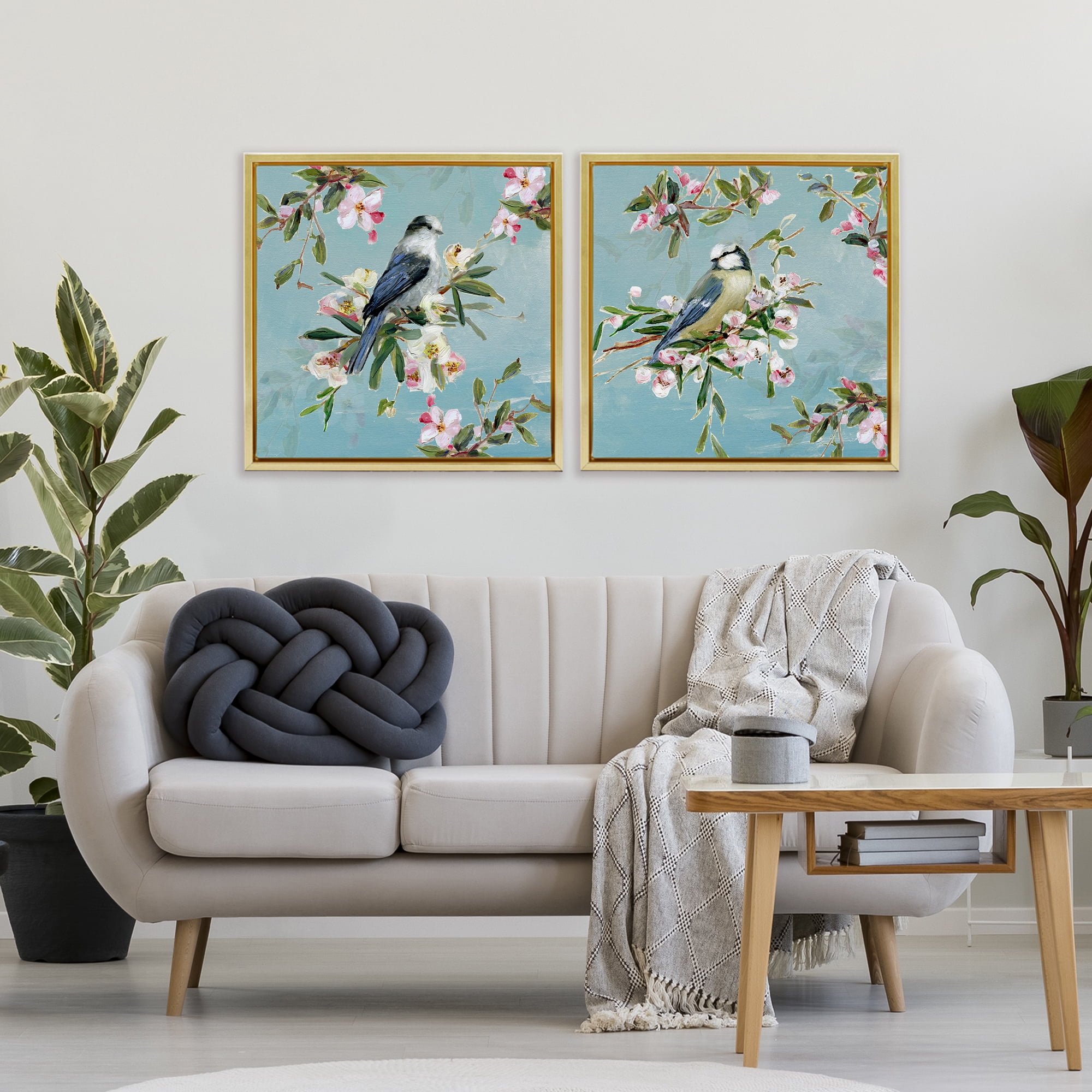 Stupell Industries Songbirds Among Spring Blossoms 2 Piece Gold Framed Floater Canvas Set, design by Sally Swatland