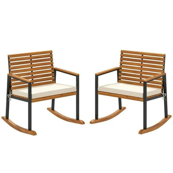 Topcobe Acacia Wood Outdoor Rocking Chairs Set, Patio Loungers with Comfortable Armrests and Padded Seats, Cream White for Relaxing Outdoor Spaces