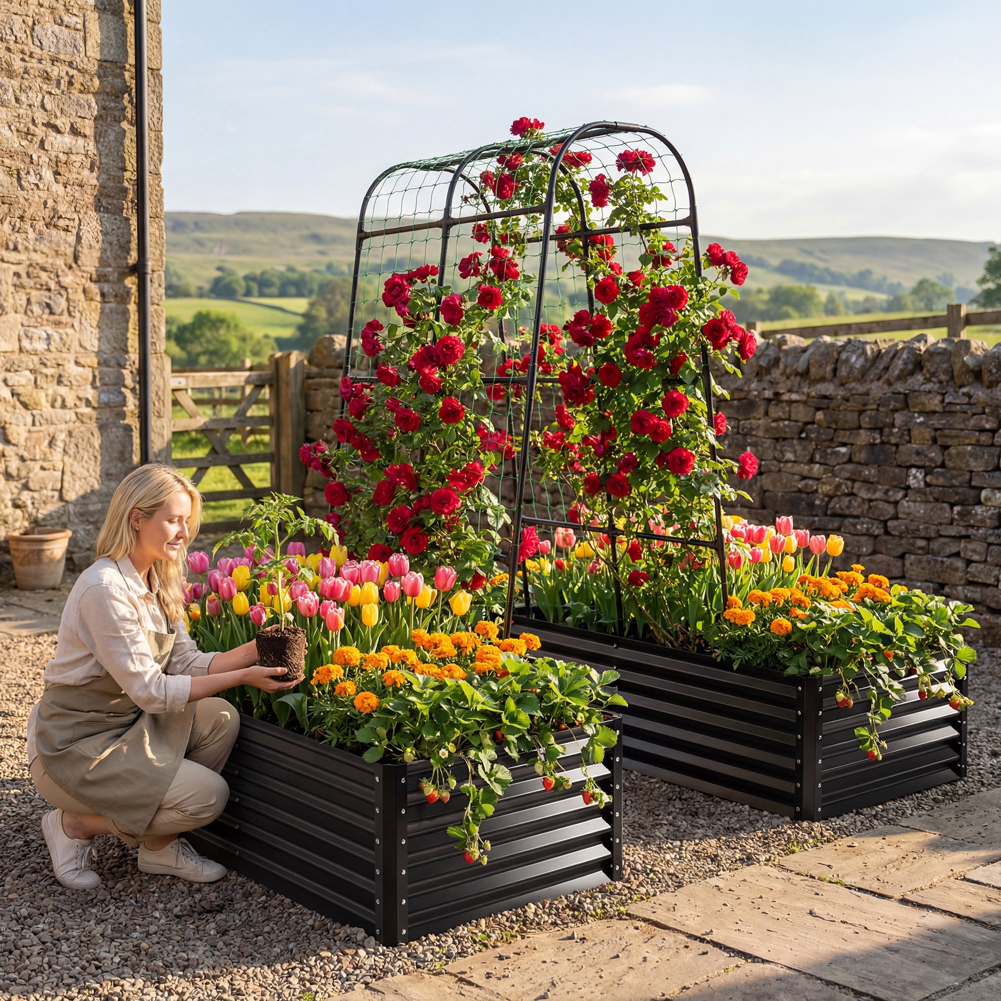Uforic 2-Pack Galvanized Raised Garden Bed 6x3x1.5ft with Trellis, Gloves, Outdoor Planter Box Black