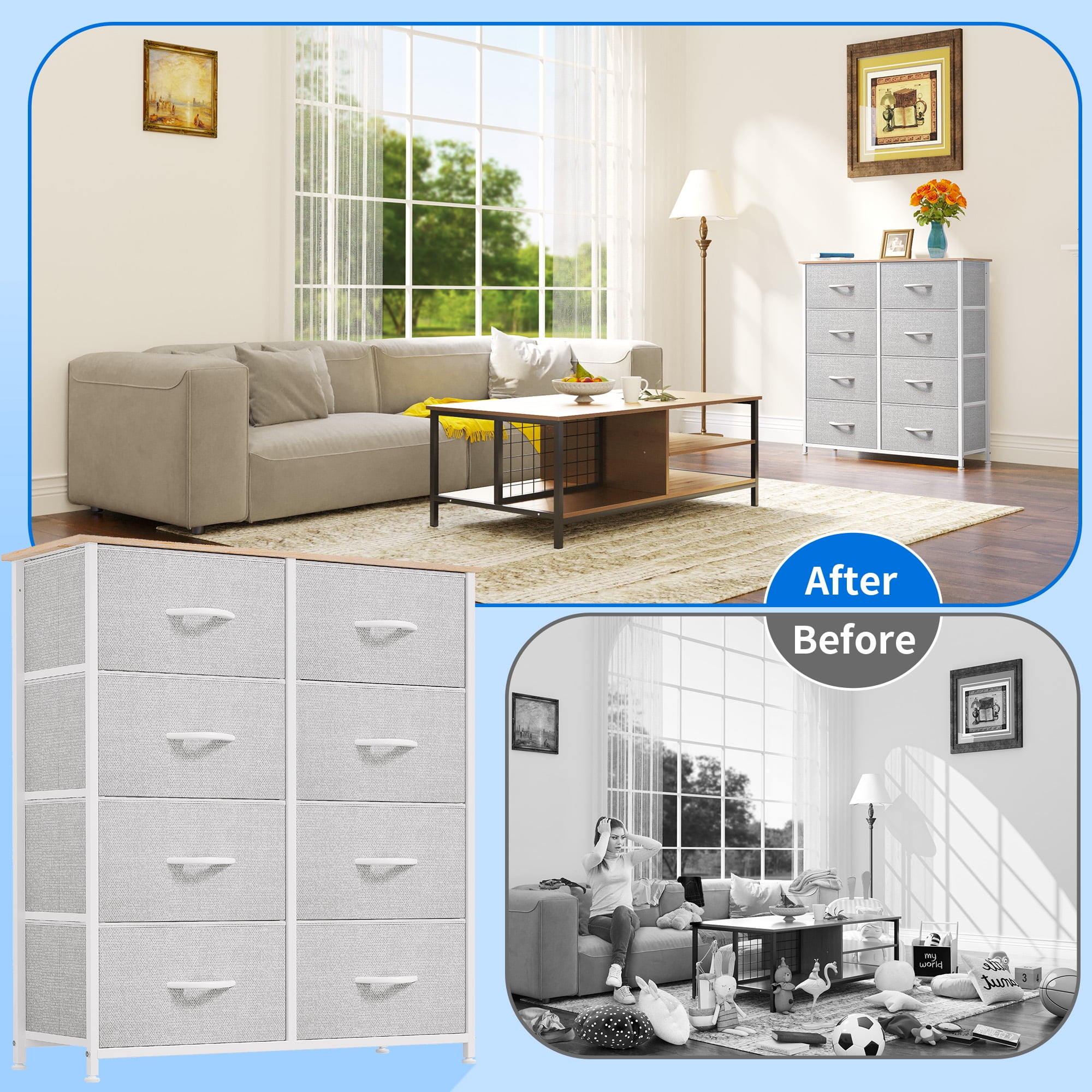 DEXTRUS 8 Drawers Dresser Chest of Drawers for Adult for Bedroom Fabric Storage Dressers for Living Room Bedroom Gray