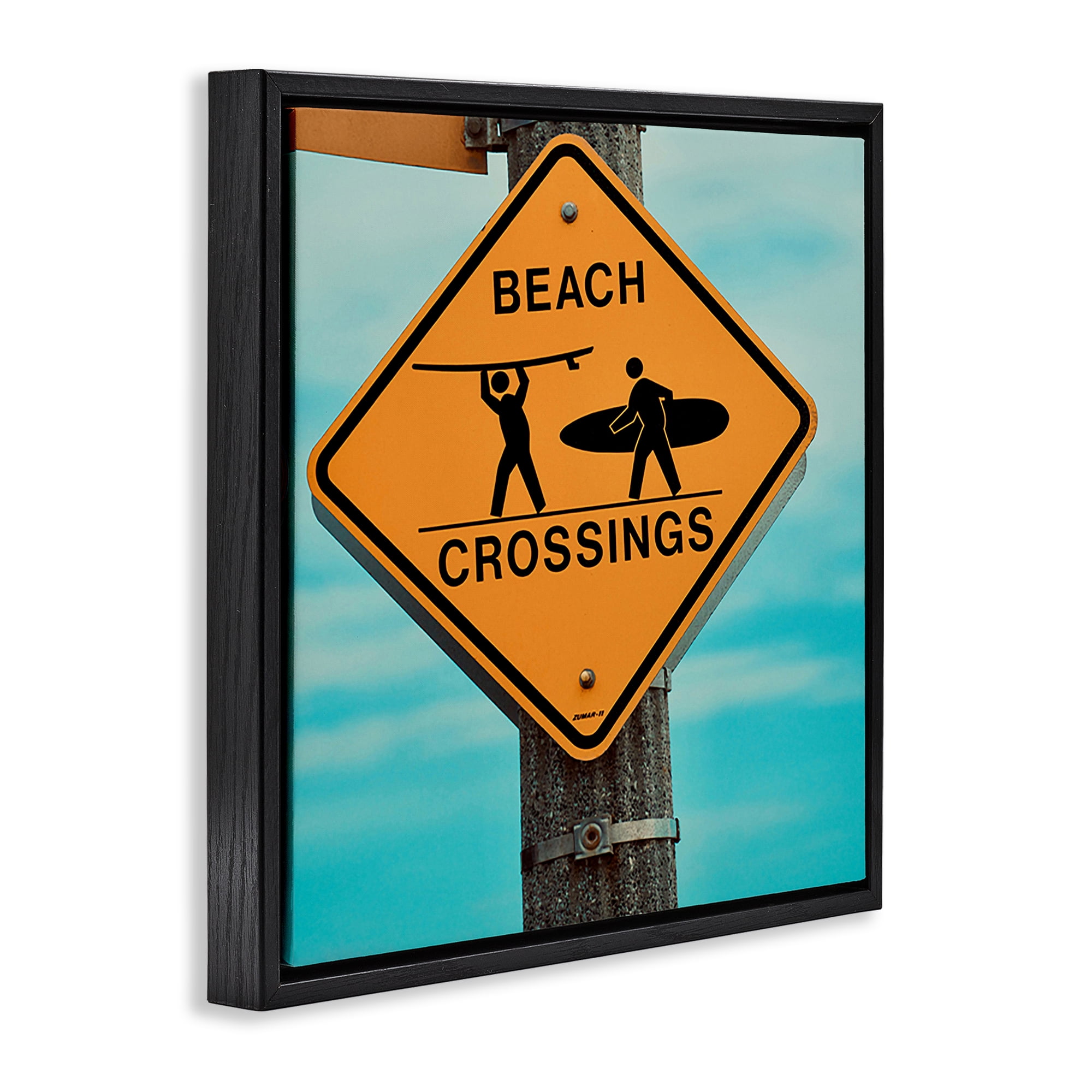 Stupell Industries Beach Crossing Sign Nautical & Beach Photography Black Floater Framed Canvas Art Print Wall Art, 25 x 25