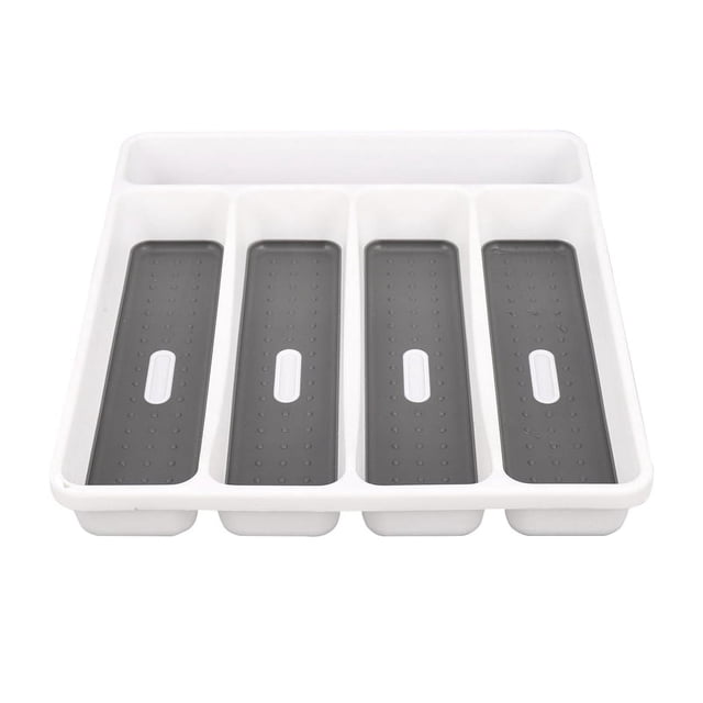Bandeja grande gris para cubiertos, contenedor para tenedores, 5 compartimentos, forro de agarre suave, caja de almacenamiento de cubiertos de plástico para vajilla